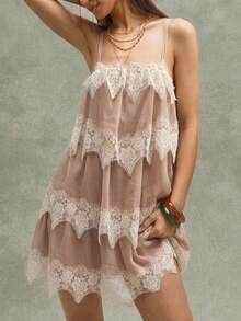 Bohemela Casual Woven Patchwork Ruffle Trim Women's Mini Dress - Coral Orange - View 5
