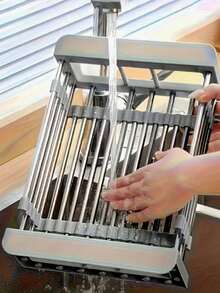 Escurridor ajustable de acero inoxidable retráctil, estante de almacenamiento para fregadero sin perforaciones, escurridor ahorrador de espacio, diseño a rayas, adecuado para fregaderos y encimeras, almacenamiento de cocina moderno, estante de almacenamiento multifuncional - Multicolor - Ver 4
