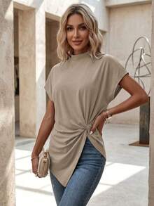 EMERY ROSE Plus Size Women's Casual Solid Color Twist Hem Short Sleeve T-Shirt - Multicolor - View 3
