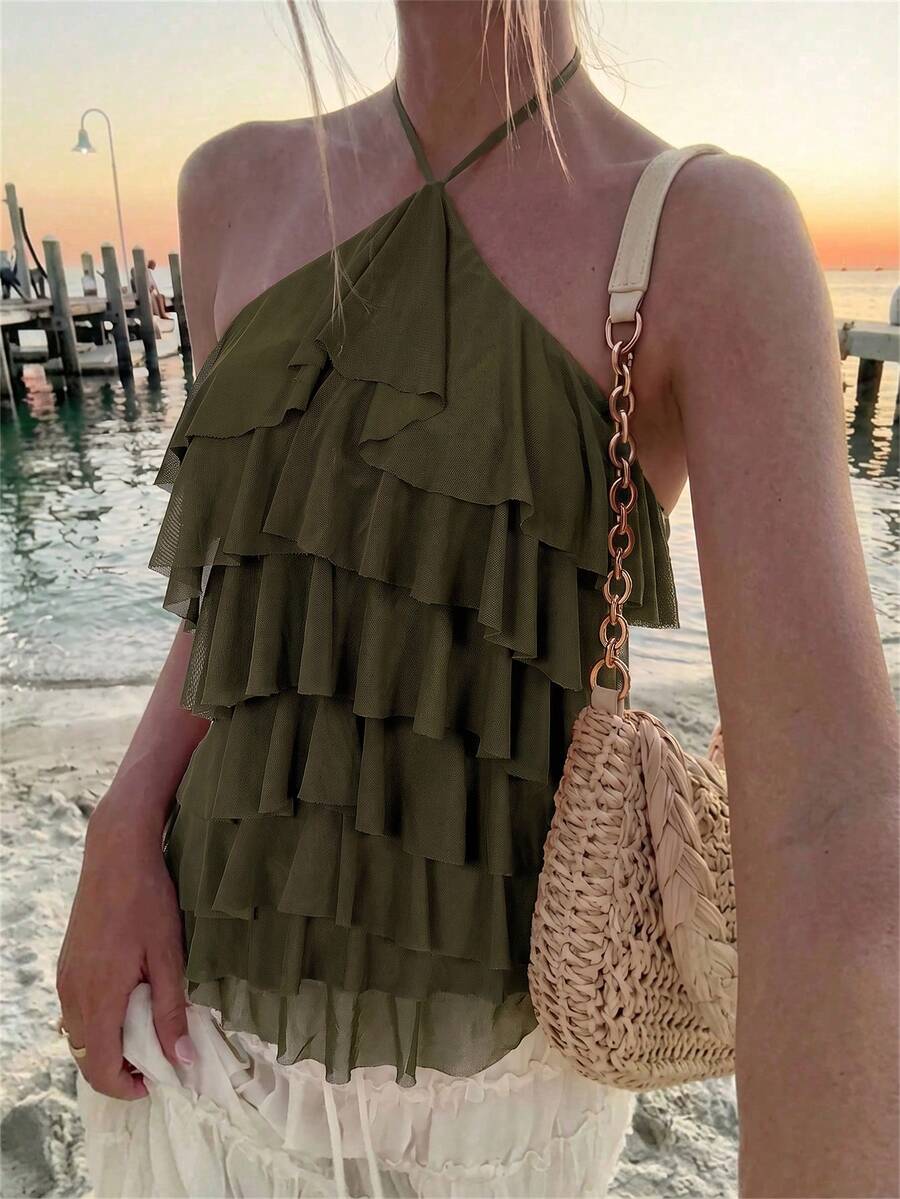 Aloruh Atasan Wanita Elegan Romantis Model Halter Neck dengan Ruffle Berlapis-lapis Warna Hijau Army untuk Liburan Pantai dan Kencan. - Hijau Tentara - View 1