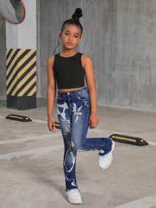 SHEIN Tween Girl Y2K Fashion Stonewashed High Waist Ripped Denim Long Jeans With Art Prints, Tween Girl Back To School Streetwear - Medium Wash - View 5