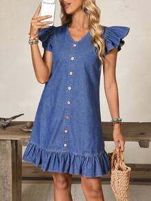EMERY ROSE Vestido de mezclilla versátil y de moda con cuello en V, botones y bajo con volantes - Azul - Ver 9