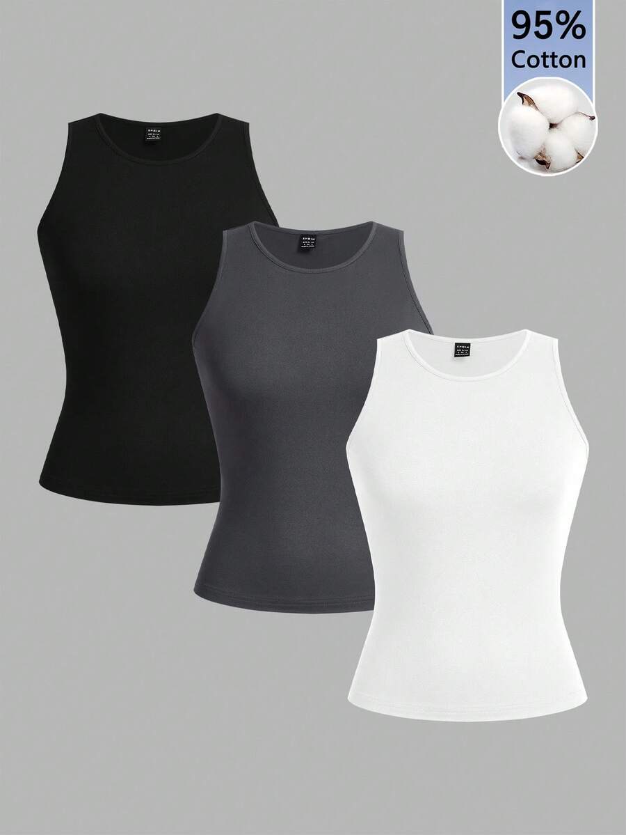 Tseoso Casual Minimalist Black White Grey 95% Cotton 3pcs Set Round Neck Off-Shoulder All-Match Tank Tops Suitable For Spring Summer Versatile Style - Multicolor - View 1