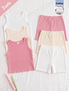 6件組 秋冬女童幼兒羅紋針織圓領背心與短褲套裝，白色粉色杏色多色休閒內層內衣 - 彩色 - 查看 6