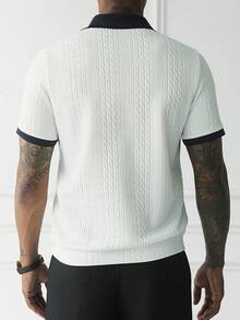 Manfinity Homme 男士夏季商務休閒對比領半拉鍊紋理客製化羅紋針織短袖POLO上衣 - 白色 - 查看 2