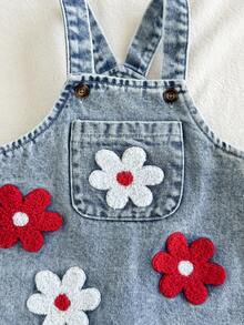 SHEIN Playful Pals 2件組女嬰可愛刺繡花朵藍色牛仔吊帶褲與紅色條紋軟布圓領短袖T恤，適合夏季親子穿搭 - 紅色 - 查看 7