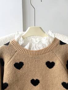 SHEIN 少女秋/冬休閒保暖內裡加厚拼接刺繡蕾絲飾邊雙色愛心提花棕色寬鬆落肩長袖套頭毛衣 - 駝色 - 查看 5