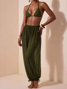 Zivah New Women's Vacation Casual Beach Pool Party Semi-Sheer Chiffon Fabric Elastic Waist Pants Cover-Up Bathing Suit Swimsuits - Army Green - View 8