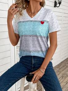 EMERY ROSE V-Neck Color Block Short Sleeve T-Shirt Graphic Tees Women Tops - Multicolor - View 4
