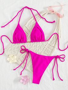 SHEIN New Europe & America Women Summer Beach Outfits, Macrame Tie Solid Color Triangle Bikini Swimwear 2 Pieces Set - Hot Pink - View 4