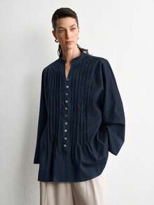 Aalyst Women's Summer New Cotton Linen Casual Minimalist Slouchy Versatile Holiday Premium Striped Craftsmanship Premium Shell Button V-Neck Premium Drop Shoulder Long Sleeve Blouse - Navy Blue - View 3