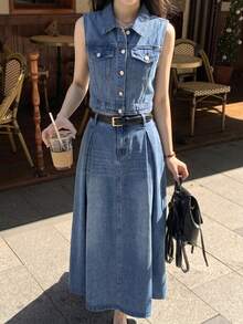 SHEIN 2Pcs Teen Girl Y2k Blue Denim Sleeveless Jacket And Loose-Fitting Comfortable Skirt For Dailywear - Blue - View 6