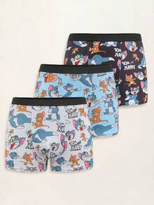 TOM & JERRY X SHEIN 3pcs Men's Cartoon Letter Print Contrast Waist Comfortable Boxer Briefs Cute Boxers Men Boxers Pack Graphic Boxers - Multicolor - View 1
