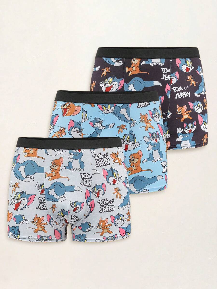 TOM & JERRY X SHEIN 3pcs Men's Cartoon Letter Print Contrast Waist Comfortable Boxer Briefs Cute Boxers Men Boxers Pack Graphic Boxers - Multicolor - View 1