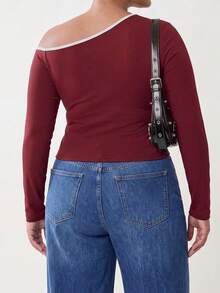 Solavibe Plus Size Spring/Autumn Casual Simple Normal Asymmetrical Collar Long Sleeve T-Shirt Dates Fashion Week Vacation Burgundy - Burgundy - View 3