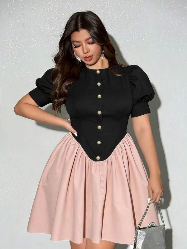 Viva Relle Plus Size Women Elegant Vintage Party Gathering Vacation Puff Sleeve Summer Slimming Fitted Dress Fall