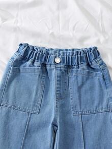 SHEIN Elladie kids 女童淺藍色牛仔寬腿長褲，夏季新品，休閒可愛復古慵懶女孩風，彈性高腰側縫口袋設計，寬鬆舒適寬腿版型，適合返校季、畢業季、兒童節、派對、城市活動、旅行、通勤，休閒復古穿搭，兒童牛仔長褲 - 中等水洗藍 - 查看 4