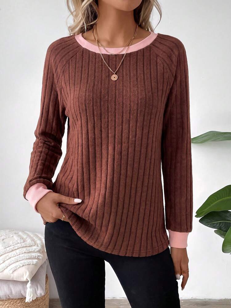 SHEIN LUNE Women's 2024 Autumn/Winter New Brown And Pink Round Neck Sweatshirt Top, Casual Style Travel Brunch - Brown - View 5