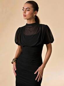 SHEIN BAE Spring/Summer Solid Black Wrap Shawl Elegant Sheer Slim Fit Ruched Extra Long Mesh Dress, Dinner, Bridesmaid, Women's Tea Party, None - Black - View 6