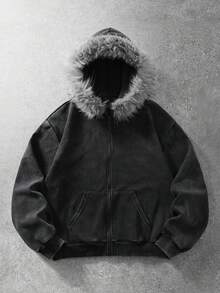 ROMWE MEN Herr vintage tvättad fleece hoodie - Svart - Visa 1