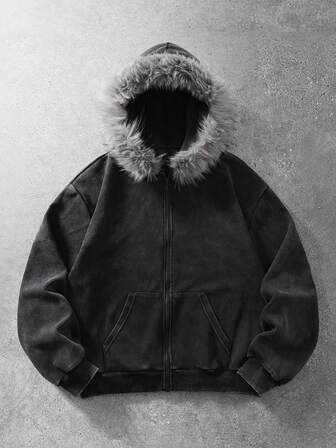 Sudadera con capucha de felpa lavada vintage para hombre