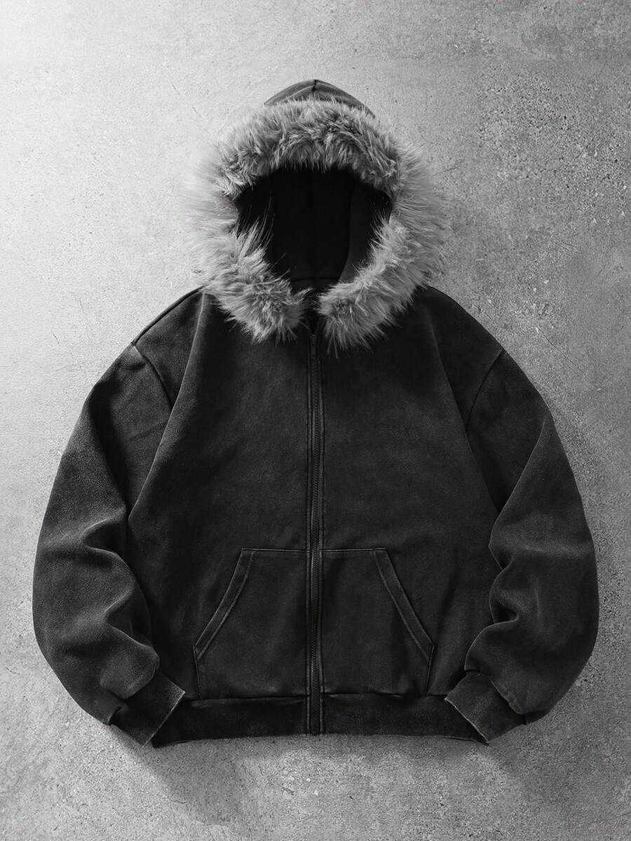 ROMWE MEN Herr vintage tvättad fleece hoodie - Svart - Visa 1