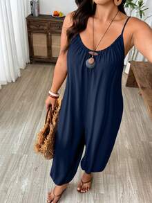 Weeklong Casual Textured Loose Gathered Jumpsuit - Navy Blue - View 5