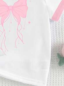 Elladie kids 女童幼兒四季時尚簡約粉色蝴蝶結圖案印花休閒基礎短版T恤，舒適日常穿著 - 彩色 - 查看 5