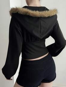 Livesso Women's All Black Fur Collar Hooded Long Sleeve Zip-Up Slim Fit Cropped Waist Dark Punk Goth Style Sweatshirt Autumn Halloween Night Out Club - Black - View 2