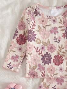 新生女嬰可愛卡通與花卉圖案長袖居家服套裝 - 彩色 - 查看 6