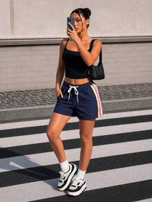 Muchica Navy Blue Side Stripe Pocket Minimalist Sports Shorts Beach Vacation Sports Casual Spring Summer Autumn USA World Cup Soccer Holiday - Navy Blue - View 7