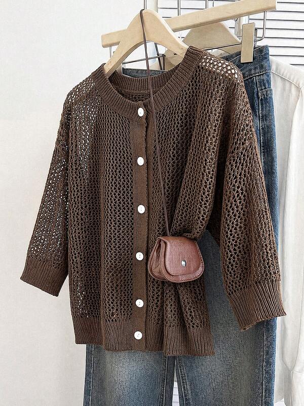 Franclia Plus Size Women's Fashion Perforated Round Neck Short Sleeve Brown Thin Cardigan Casual Versatile Minimalist Summer Lightweight Jacket