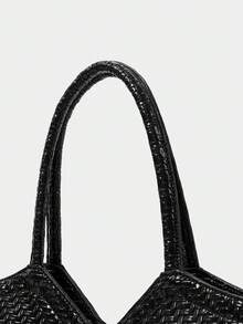 SHECARRY Women's Fashion Black Tote Bag, Exquisite Simple Handbag, Retro Woven PU Large-Capacity Shoulder Bag, For Commuting, Vacation, Daily, Shopping - Black - View 4