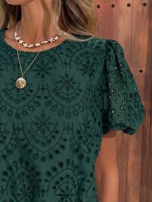 SHEIN LUNE 女款休閒刺繡夏季度假/通勤日常基礎時尚外套，泡泡袖短袖收腰可愛襯衫 - 綠色 - 查看 6