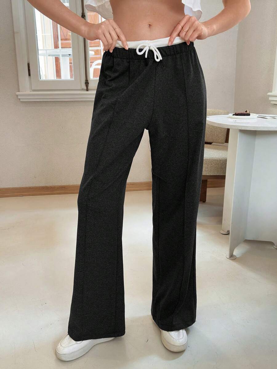 EURMUSE Drawstring Waist Pants - Dark Grey - View 1