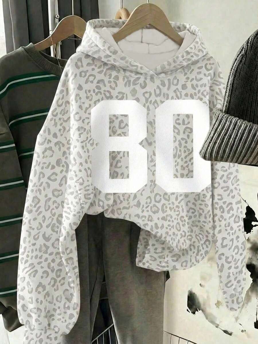 學院風 Digital 80 美式校園經典豹紋青少年女孩休閒極簡寬鬆圓領長袖衛衣 秋季灰色 - 白色 - 查看 1