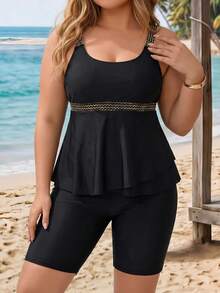 SHEIN CURVE+ 2026 Summer Beach Vacation Plus Size Color Block Panel Wide Strap Bikini Set With Tank Top And Shorts Black Sexy Tropical - Black - View 5