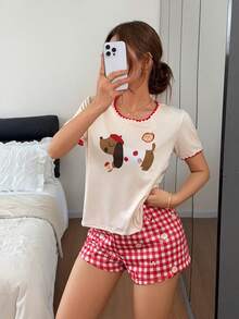 Napfluff Contrast Trim Round Neck Cute Dachshund Cartoon Print Short Sleeve Shorts Pajama Set - Multicolor - View 1