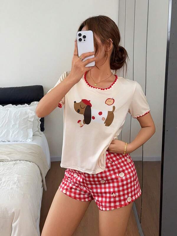 Napfluff Contrast Trim Round Neck Cute Dachshund Cartoon Print Short Sleeve Shorts Pajama Set
