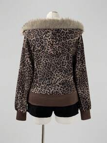 Sunspun Fashionable Leopard Print Fur Collar Slim Fit Long Sleeve Sweatshirt Winter - Brown - View 2