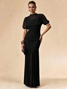 SHEIN BAE Spring/Summer Solid Black Wrap Shawl Elegant Sheer Slim Fit Ruched Extra Long Mesh Dress, Dinner, Bridesmaid, Women's Tea Party, None - Black - View 5