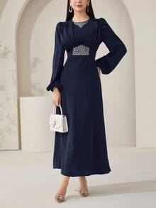 Veilorie New Luxury Elegant Heavy Embellished Rhinestone Exquisite Waist-Cinched Pleated Party Dress - Navy Blue - View 3