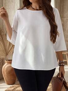 EMERY ROSE Women's Plus Size White Pullover Crew Neck Shirt Fall Fall Winter 2026 Fall Outfits Going Out Tops For Women Basic White Shirt - White - View 3