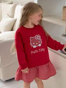 HELLO KITTY | DAZY Patchwork Design KT Cat Embroidered Loose Fit Long Sleeve Autumn/Winter Young Girls' Dress - Burgundy - View 3