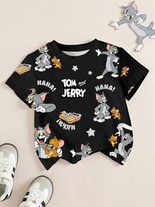 TOM & JERRY X SHEIN 男童卡通印花圆领短袖T恤 - 白色 - 查看 1