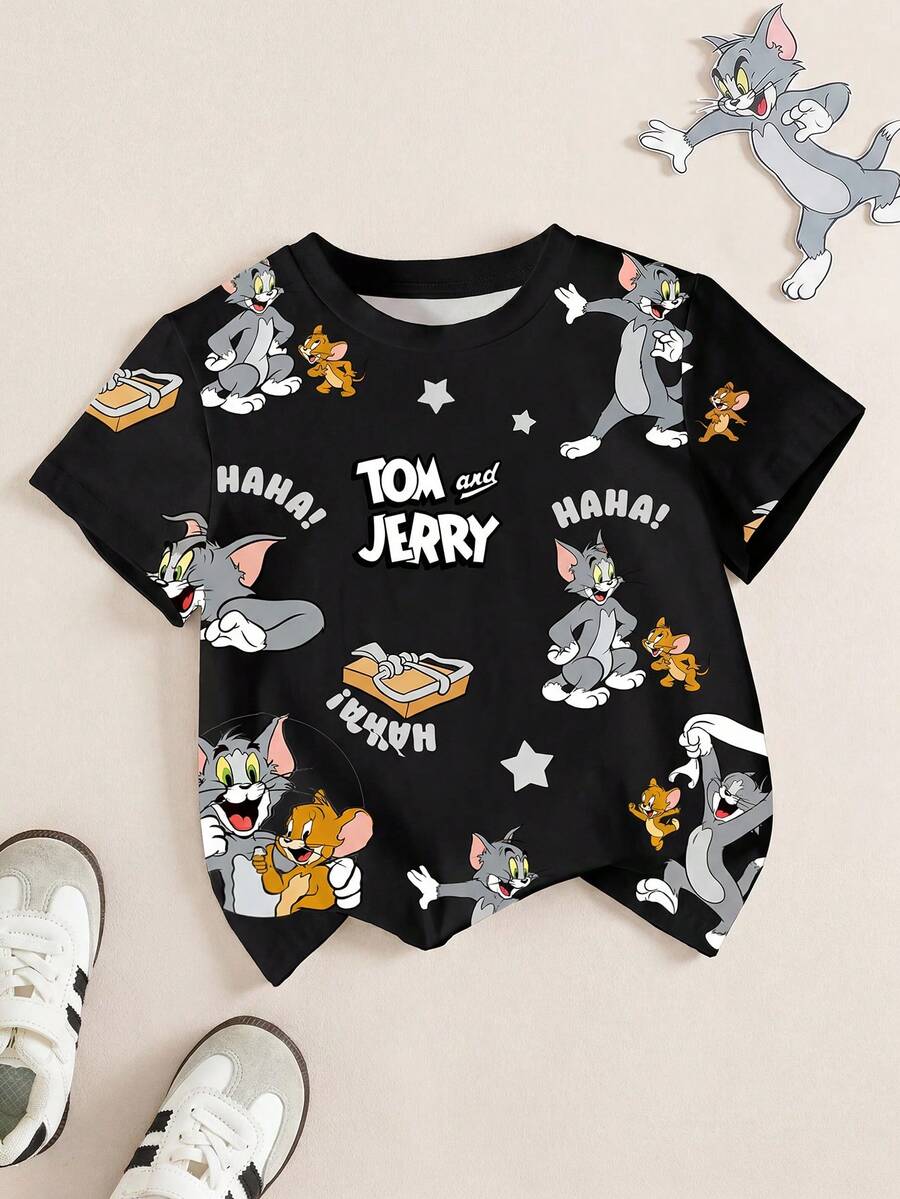 TOM & JERRY X SHEIN 男童卡通印花圆领短袖T恤 - 白色 - 查看 1