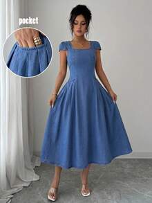 Elenzga Women's Summer Casual Square Neck Denim Dress - Blue - View 1