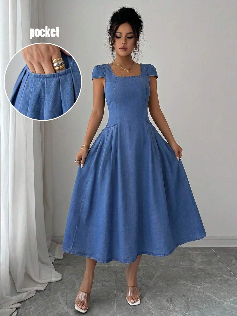 Elenzga Women's Summer Casual Square Neck Denim Dress - Blue - View 1