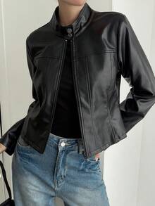 DAZY Solid Color Fitted Stand Collar Zipper Long Sleeve PU Jacket Casual Streetwear Spring Autumn Jacket For Women School Vacation - Black - View 3