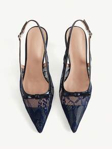 CUCCOO CHICEST French Lace Pointed Toe Slingback High Heels 2026 Spring And Summer New Bow Kitten Heel Sandals Women - ink blue - View 8